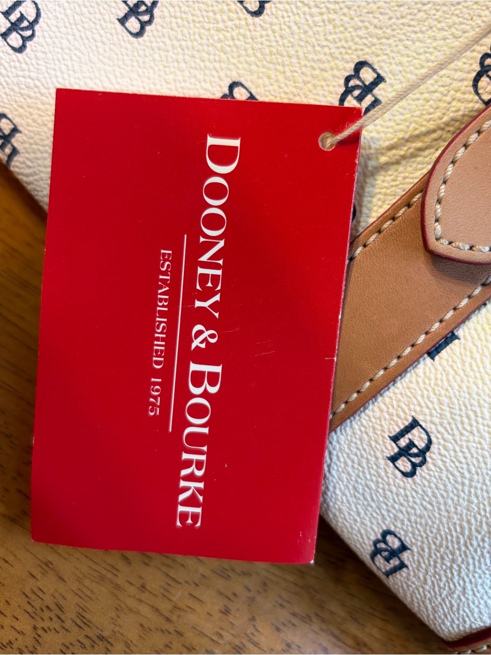Dooney & Bourke Monogram Satchel with Tan Trim and Navy Logos - Picture 3 of 11